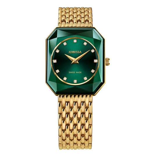 FACET RADIANT Princess-Cut GP Swiss Quartz Watch 15mm Band Green Dial