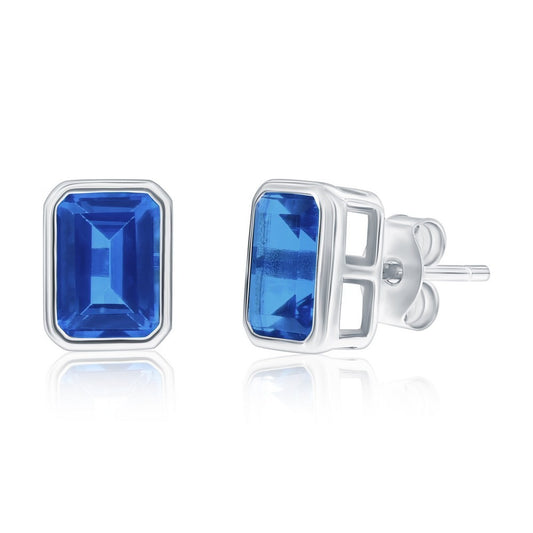 Sterling Silver Blue Topaz CZ Stud Earrings December Birthstone 8x6mm Rectangle
