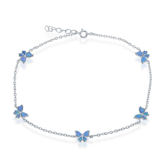 Women's Fashion Blue Opal Butterfly Charm Anklet, Sterling Silver anklet, Beach