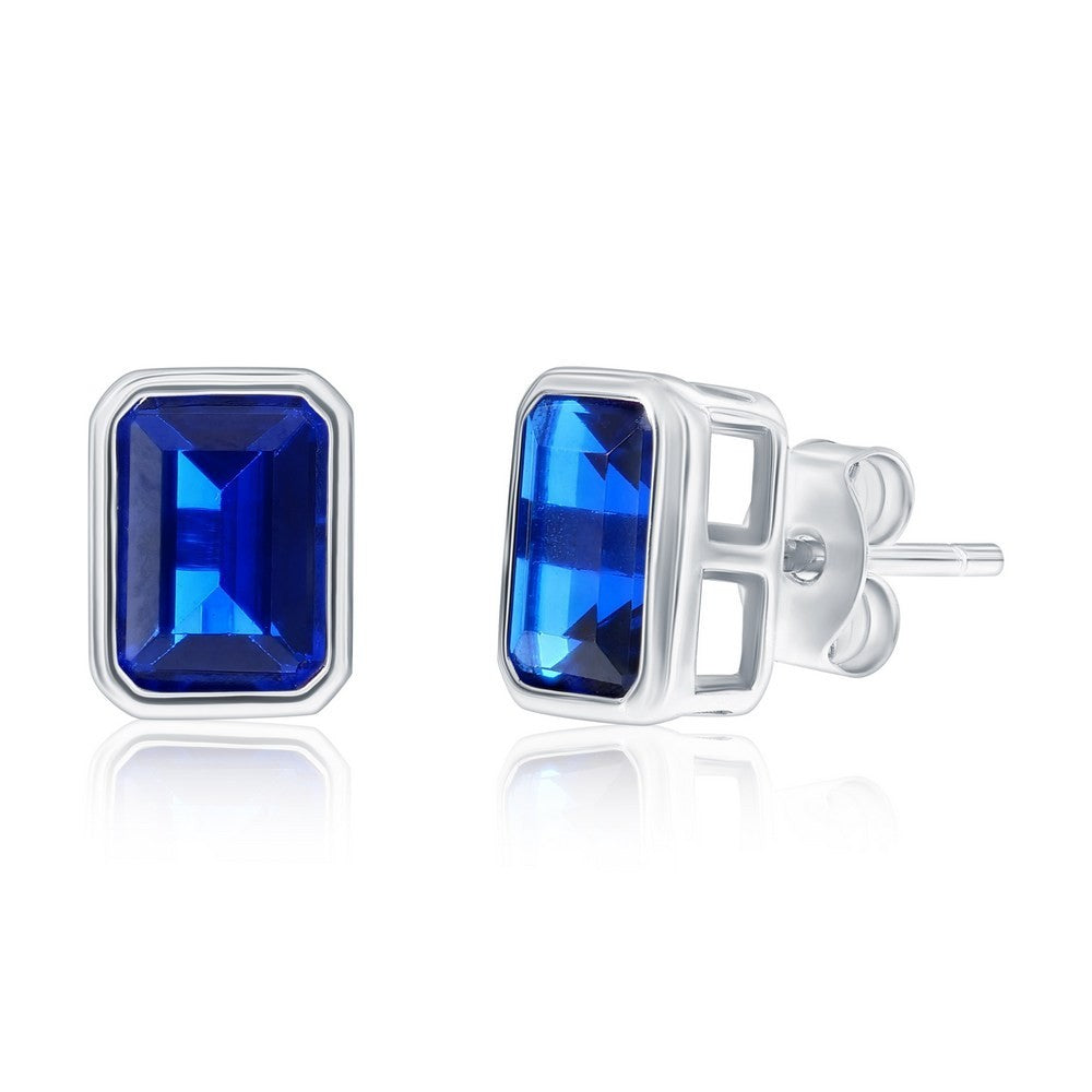 Sterling Silver Sapphire CZ Stud Earrings September Birthstone 8x6mm Rectangle