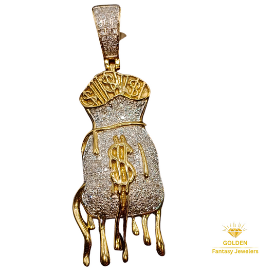 10kt Gold Moneybag Pendant - Natural Diamonds - Moneybag Drip Charm - Money Bag