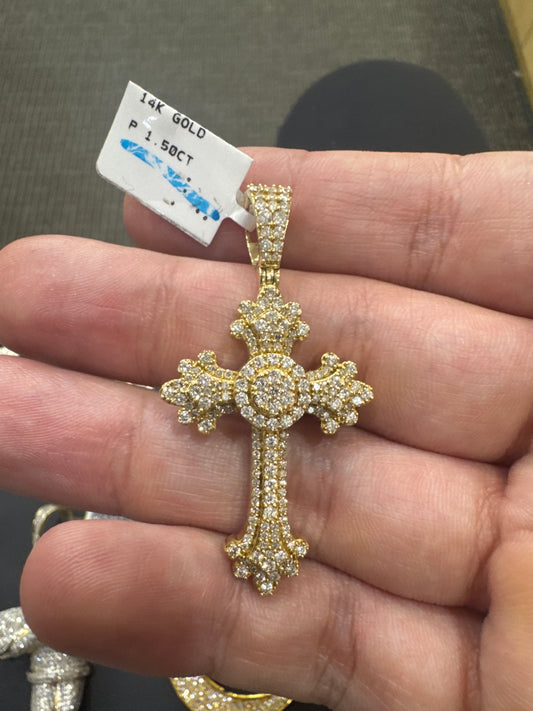 14K Yellow Gold Cross Charm 1.50 ct Natural Diamond