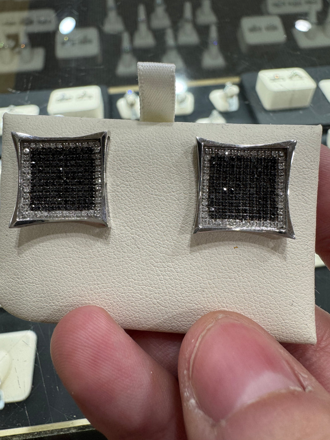 10K White Gold Square Earrings 1.00 ct Black Natural Diamond