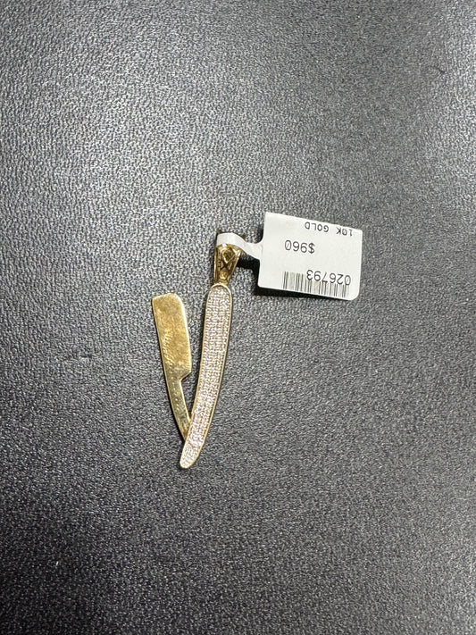 10K Yellow Gold Charm 0.30 ct Natural Diamond Barber Blade Pendant