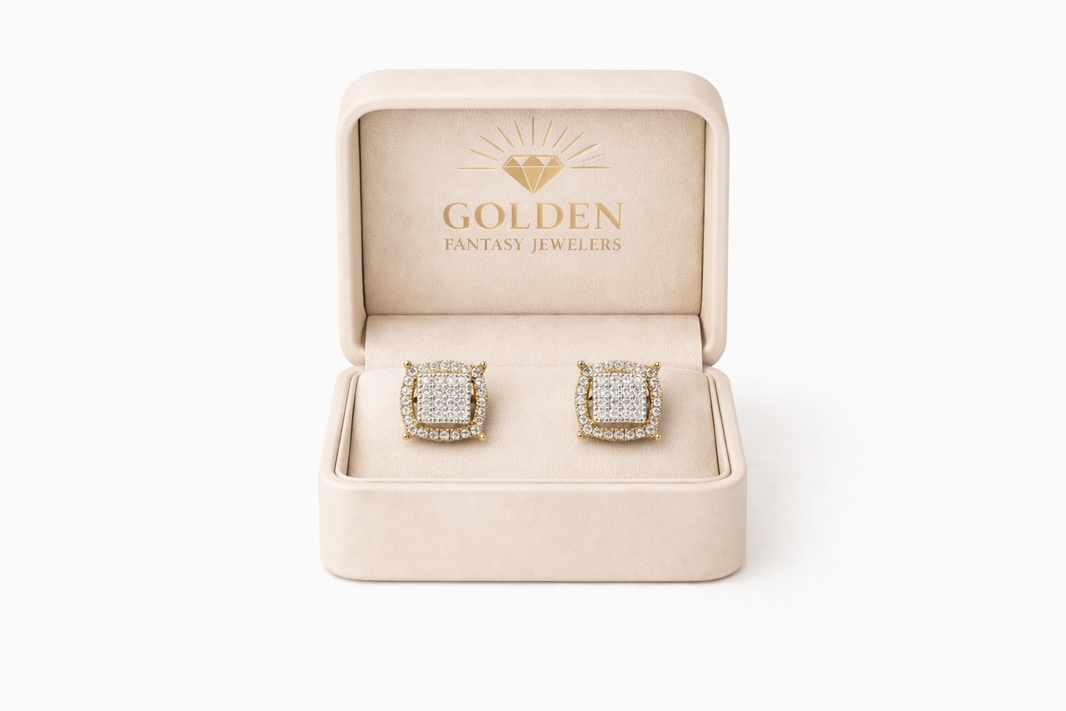 10K Two-Tone Gold Square Halo Earrings 0.40 ct Natural Diamond