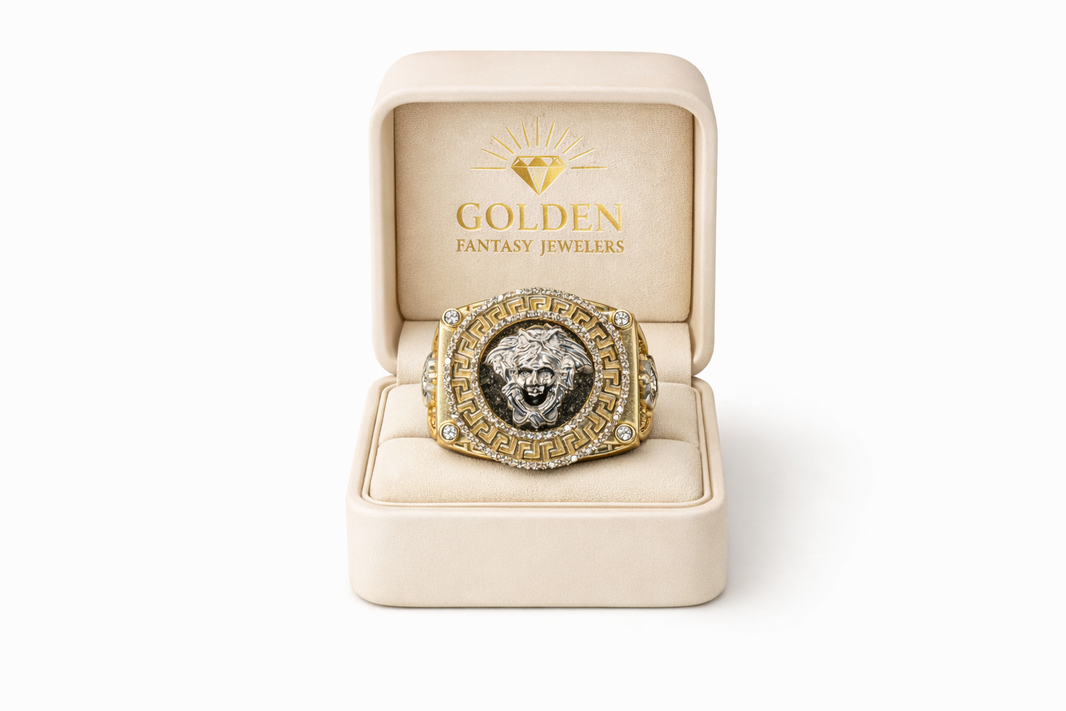 10K Yellow Gold Men's Ring Greek-Key Frame and Snake 0.44 ct Natural Diamond