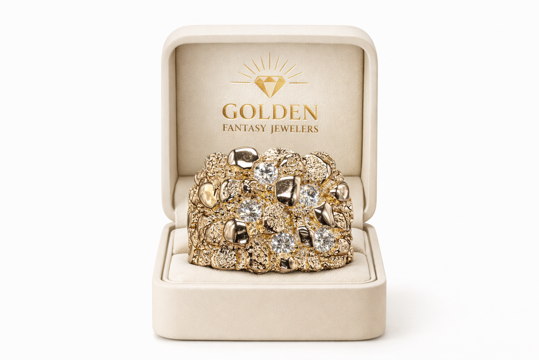 10K Yellow Gold Men's Nugget Ring 0.75 ct Natural Diamond