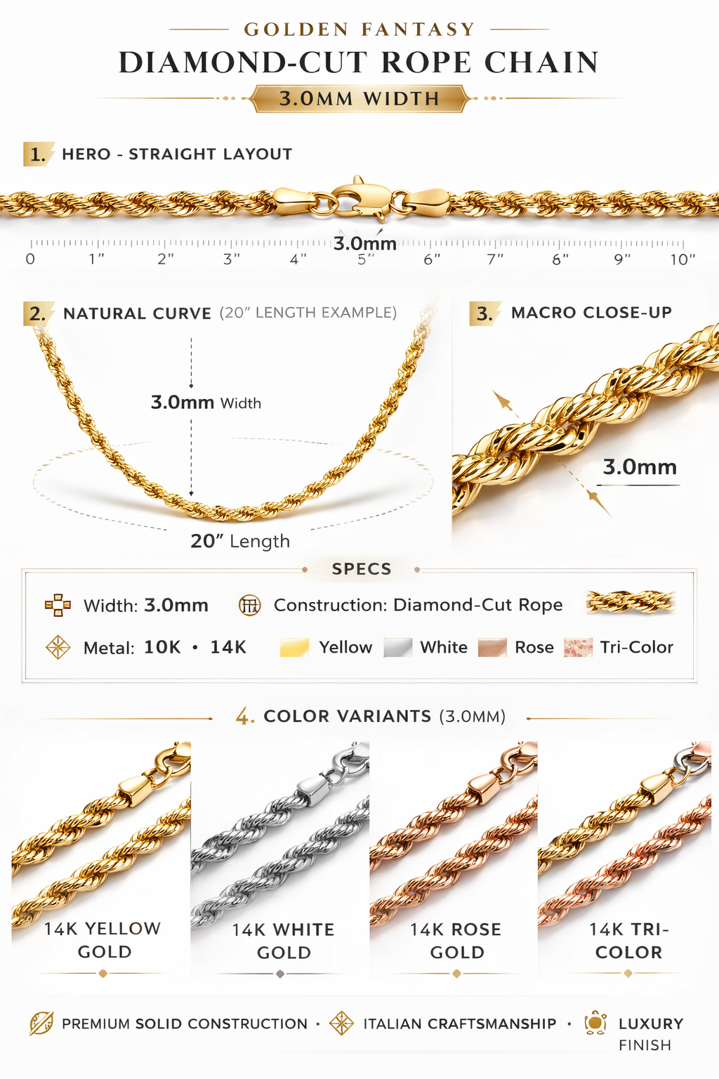 10k/14k - 3.00mm Diamond-Cut Rope Bracelet - Yellow Gold