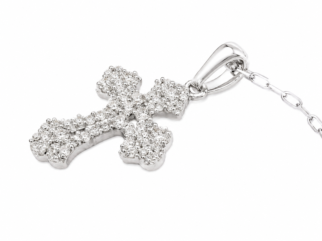 Sterling Silver Cross Charm/Chain 0.20 ct Natural Diamond