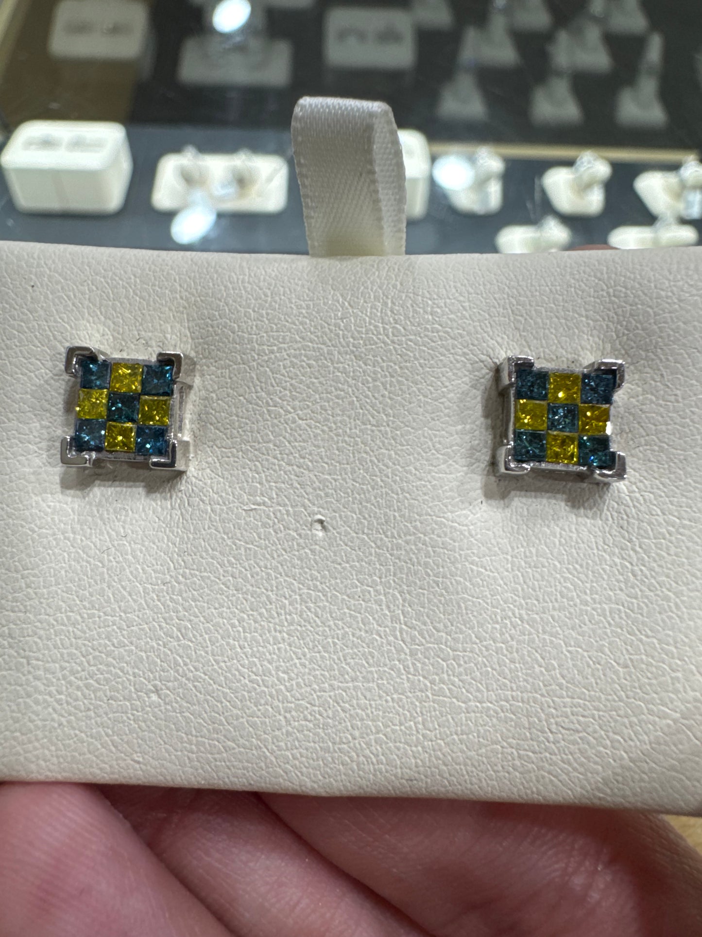 14K White Gold Earrings Cushion Cut, 1.75 ct Blue and Yellow Natural Diamond