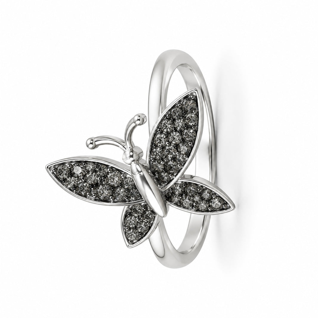 10K White Gold Women's Butterfly Ring 0.20 ct Natural Black Diamond