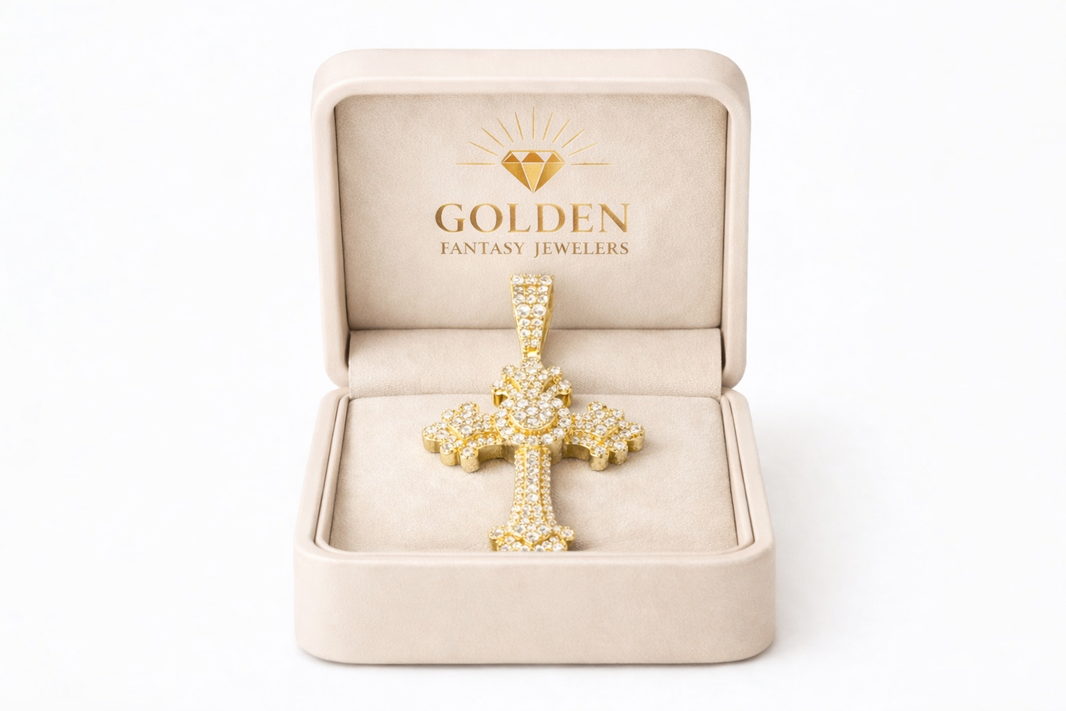 14K Yellow Gold Cross Charm 1.50 ct Natural Diamond 3D Armenian Cross