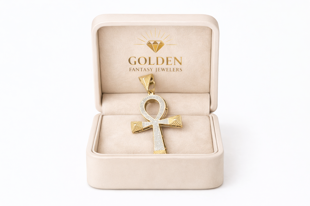 10K Yellow Gold Charm 0.50 ct Natural Diamond Ankh Pendant Two- Tone