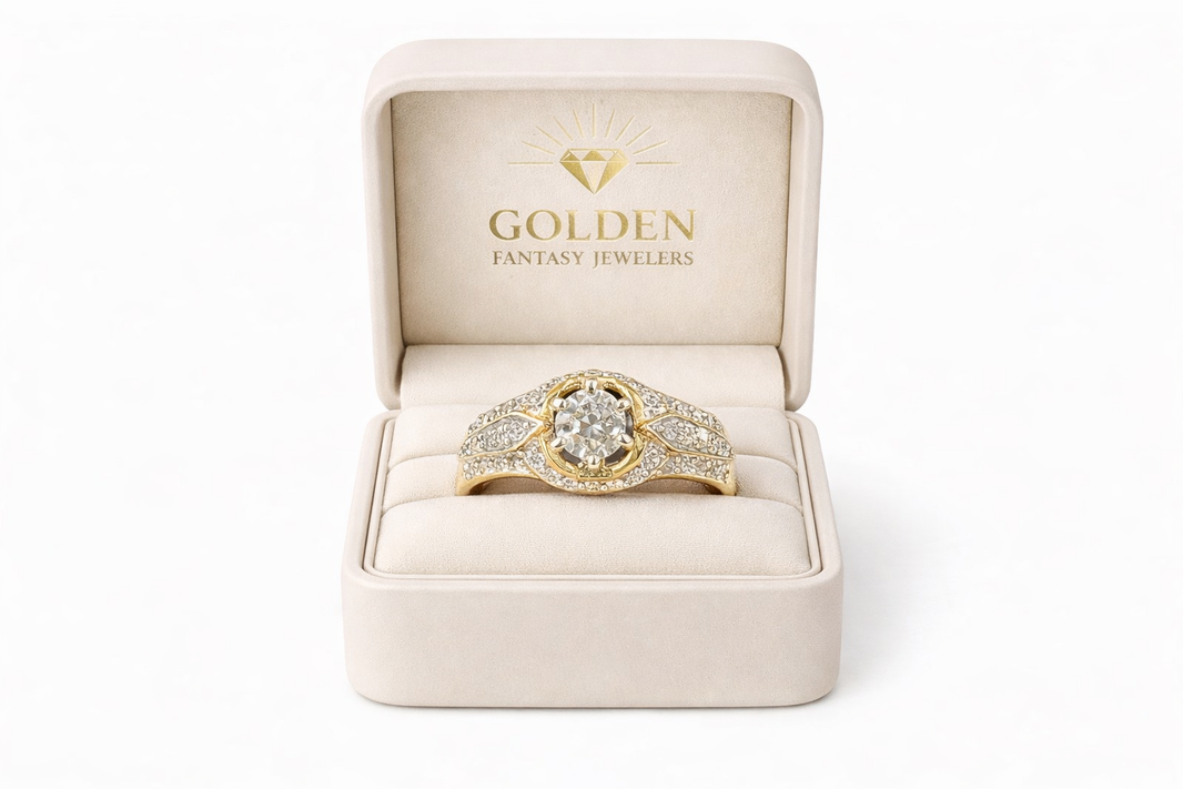 14K Yellow Gold Women's Ring 0.93 ct Round, Cushion Natural Diamond