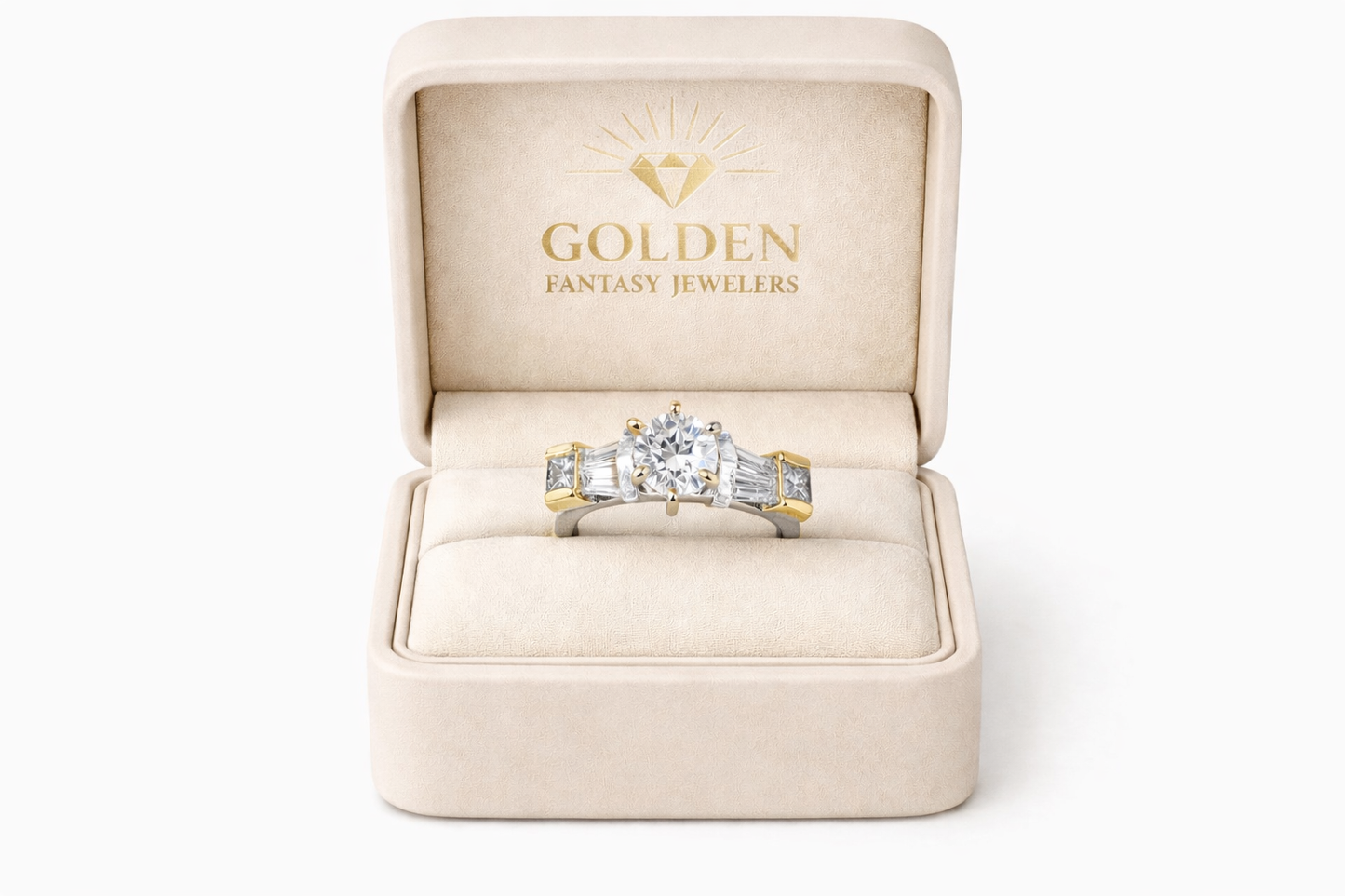 14K Two-Tone Gold Women's Ring Round and baguette Diamonds, 0.70 ct Natural Diamond