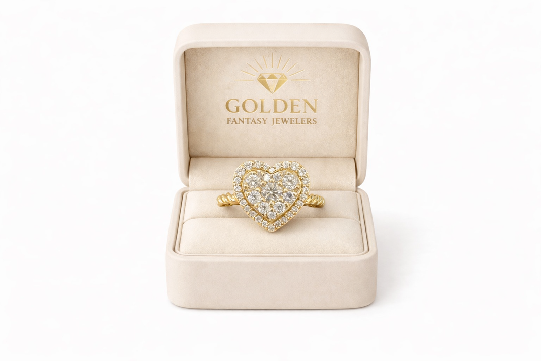 14K Yellow Gold Women's Ring 0.35 ct Natural Diamond, Heart Diamond Ring Rope Style Band