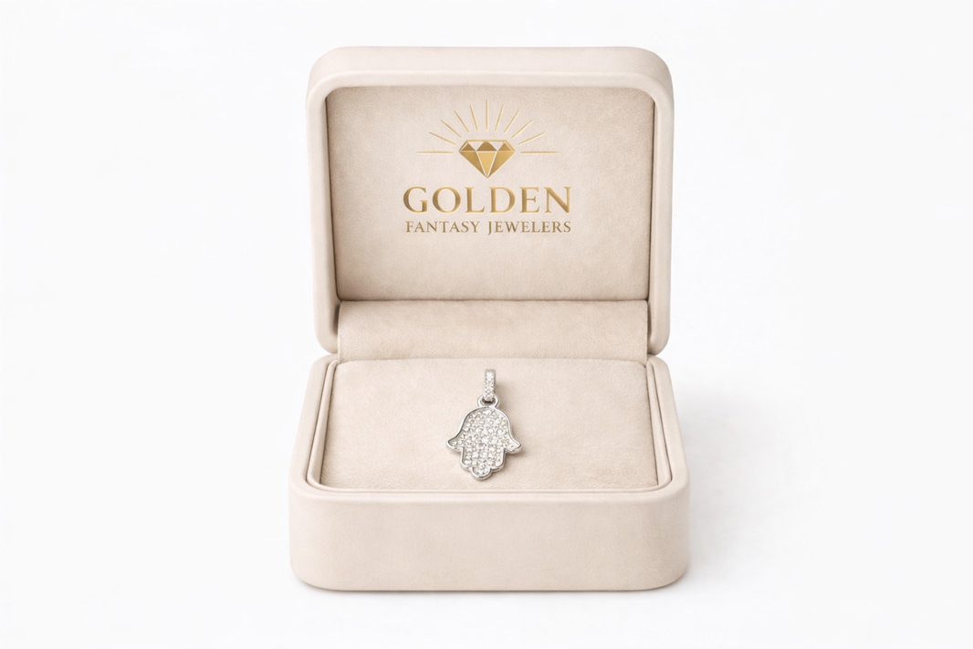 14K White Gold Hamsa Hand Charm 0.12 ct Natural Diamond