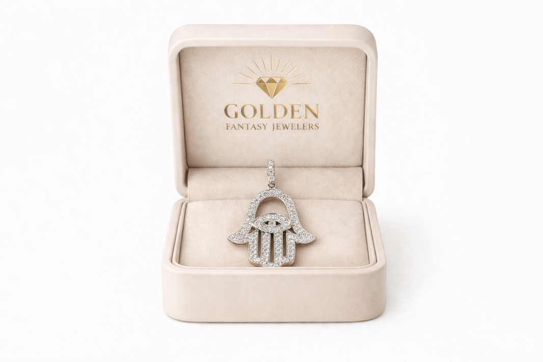 14K White Gold Hamsa Hand Charm 1.12 ct Natural Diamond