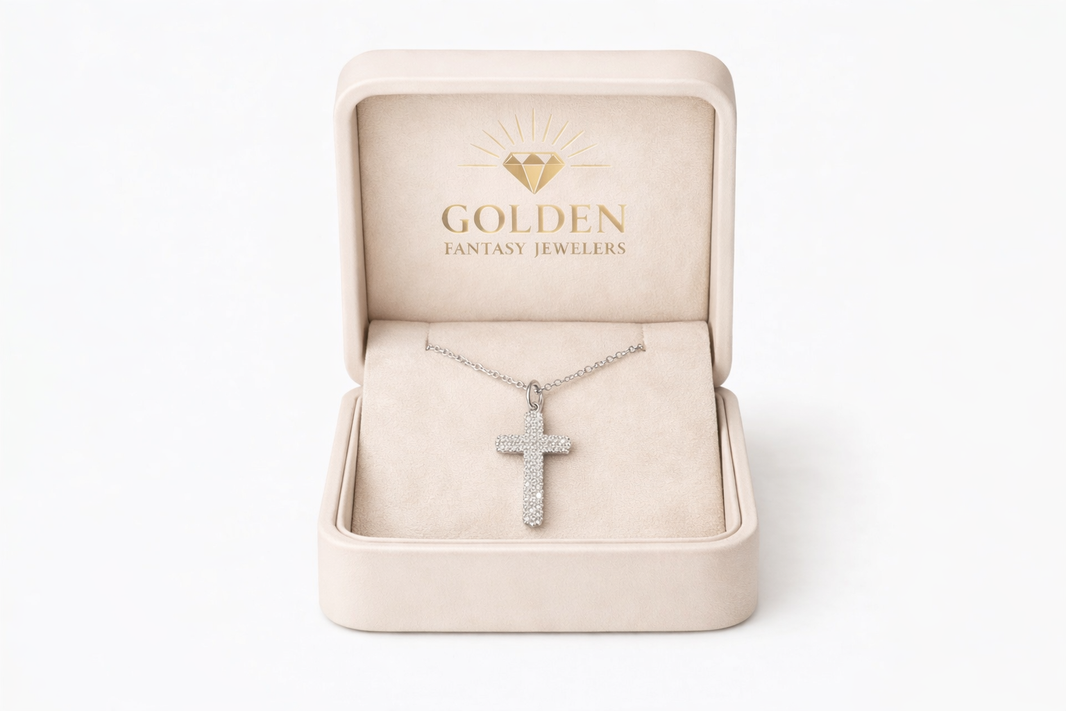 14K White Gold Cross Charm/Chain 0.05 ct Natural Diamond