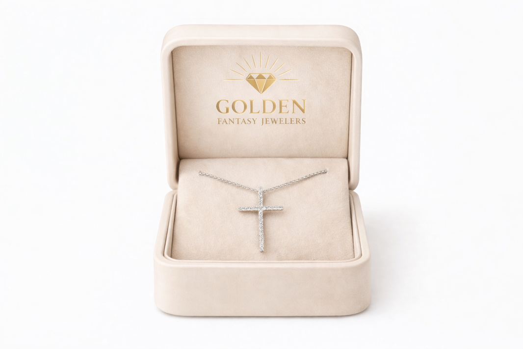 14K White Gold Cross Charm/Chain 0.07 ct Natural Diamond