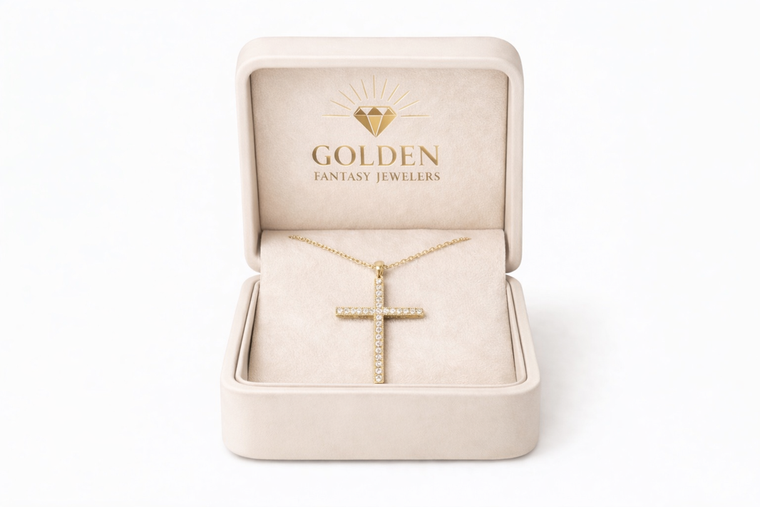 14K Yellow Gold Cross Charm/Chain 0.37 ct Natural Diamond