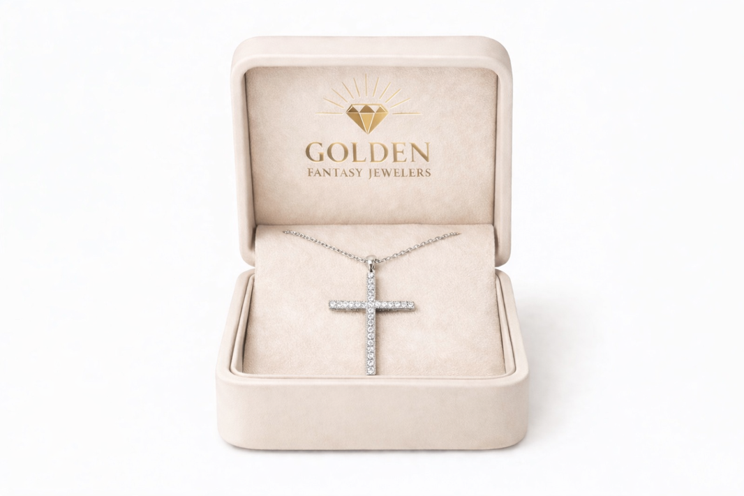 14K White Gold Cross Charm/Chain 0.37 ct Natural Diamond