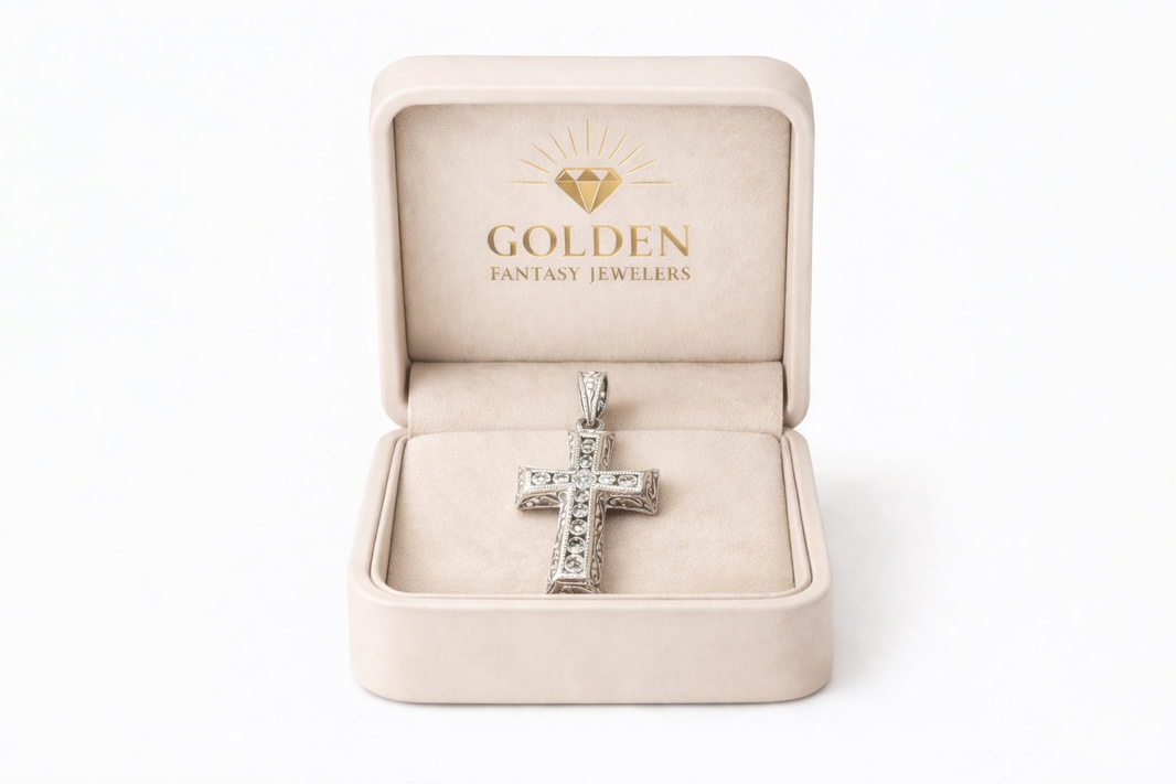 14K White Gold Cross Charm 0.25 ct Cushion Natural Diamond