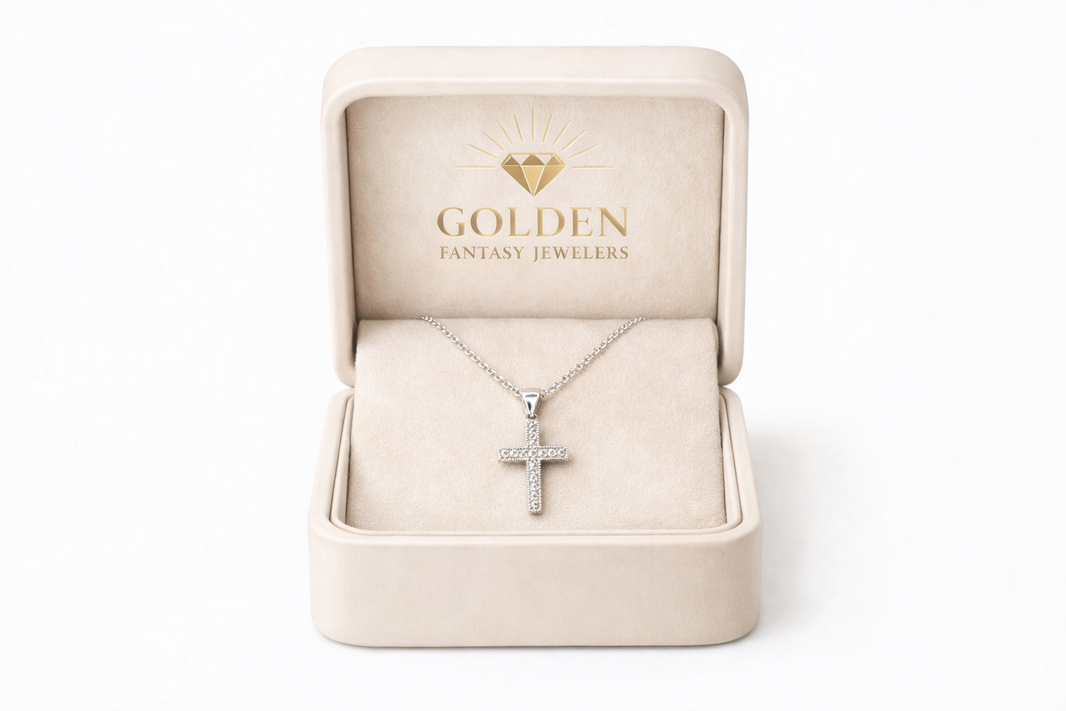 14K White Gold Cross Charm/Chain 0.11 ct Natural Diamond
