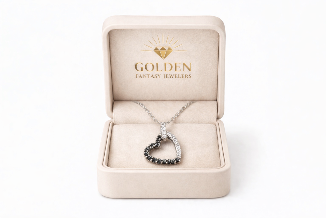 10K White Gold Heart Charm/Chain 0.26 ct Black Natural Diamond