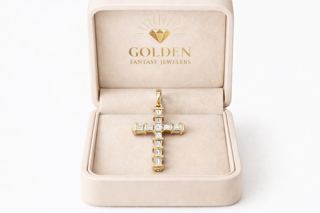 14K Yellow Gold Cross Charm Baguette0.65 ct Natural Diamond