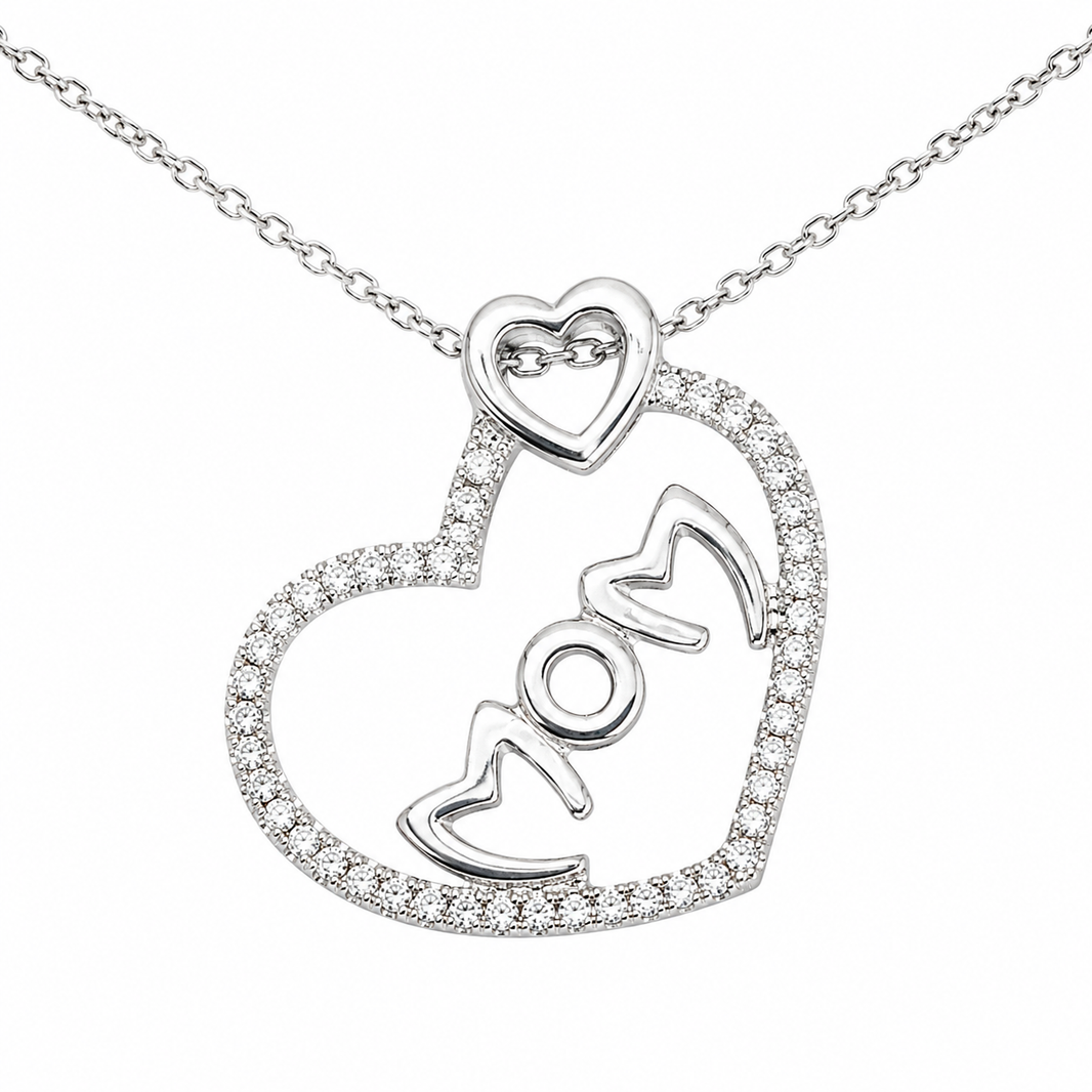 Sterling Silver Heart “Mom” Charm/Chain 0.10 ct Natural Diamond