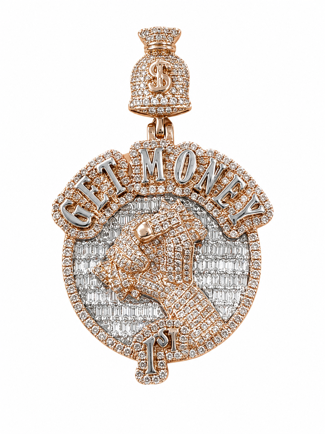 10K Rose Gold “Get Money” Charm 0.98 ct Baguette Natural Diamond