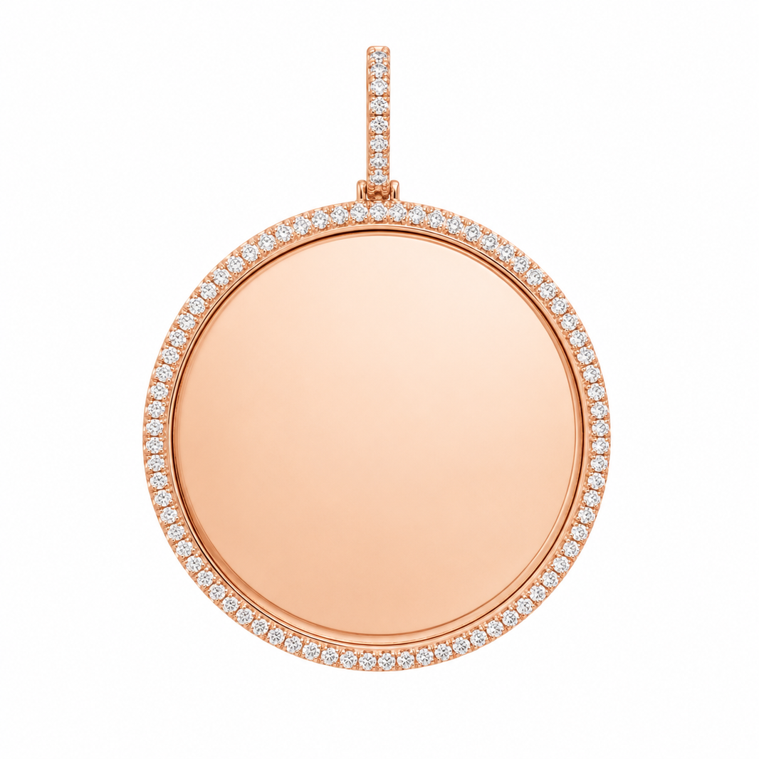 10K Rose Gold Engravable Picture Pendant Round Charm 1.86 ct Natural Diamond