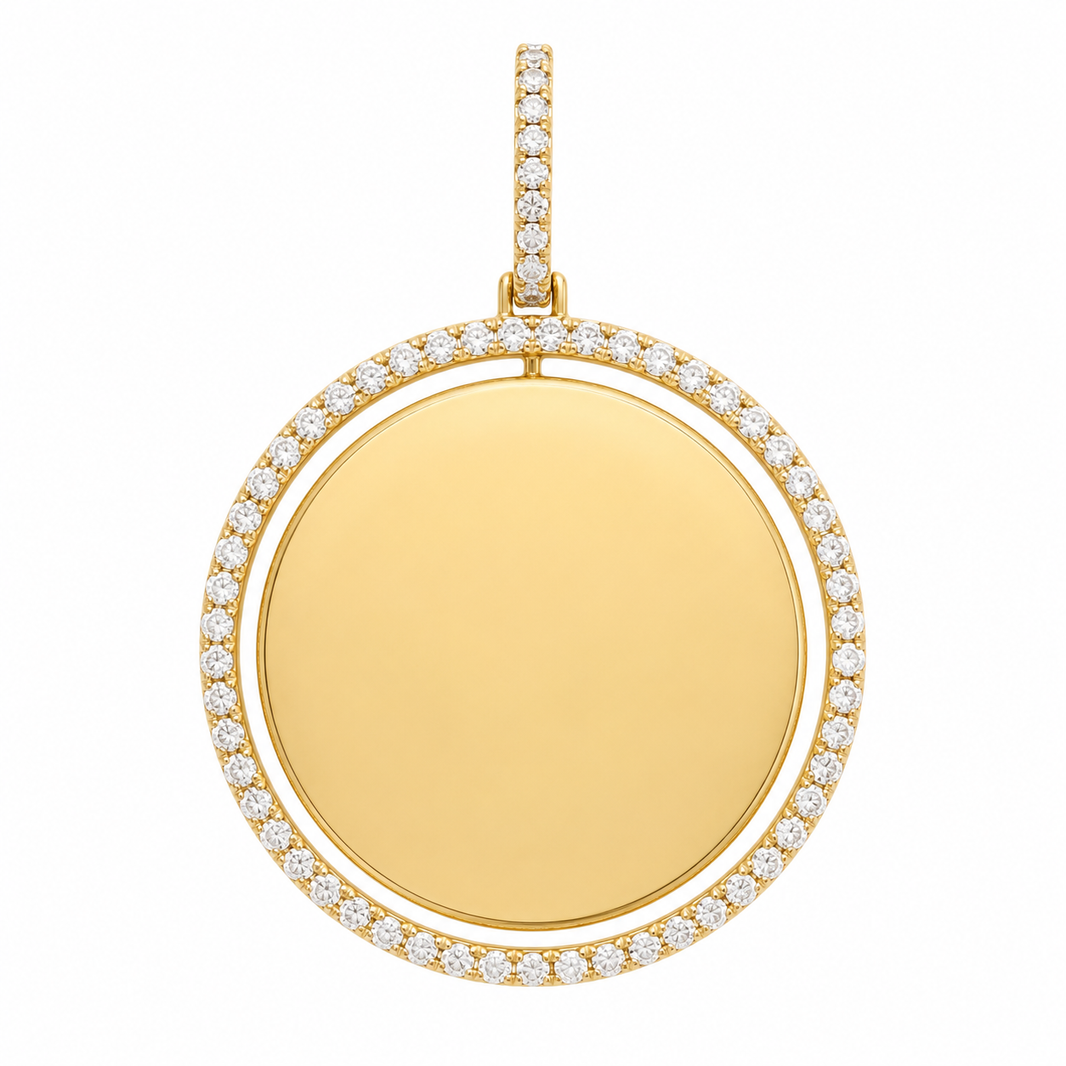 10K Yellow Gold 2-Sided Engravable Picture Pendant Round Charm 2.75 ct Natural Diamond