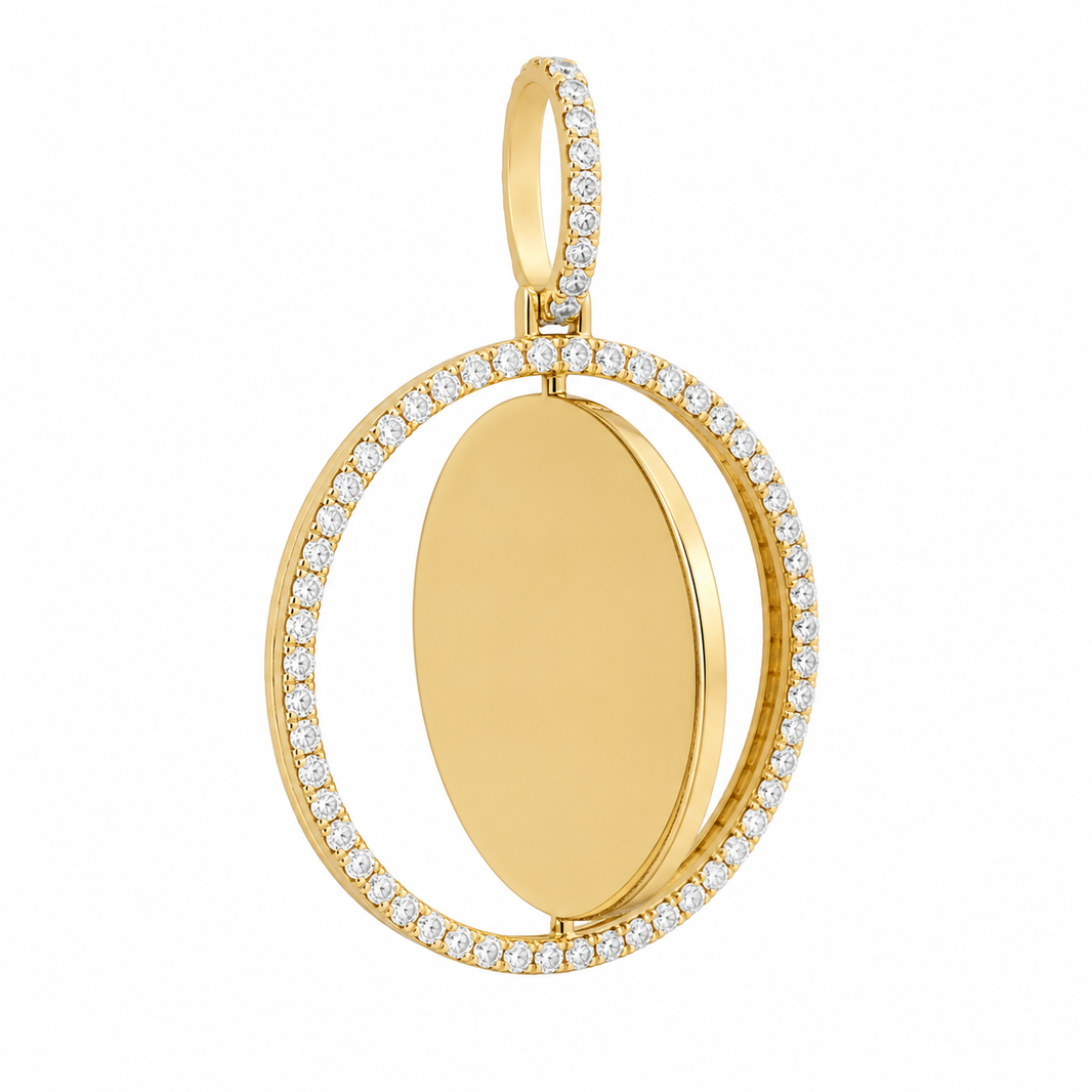 10K Yellow Gold 2-Sided Engravable Picture Pendant Round Charm 2.75 ct Natural Diamond