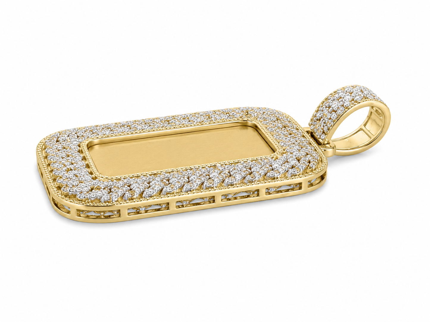 10K Two-Tone Gold Engravable Picture Pendant Rectangle Charm Cuban 0.82 ct Natural Diamond