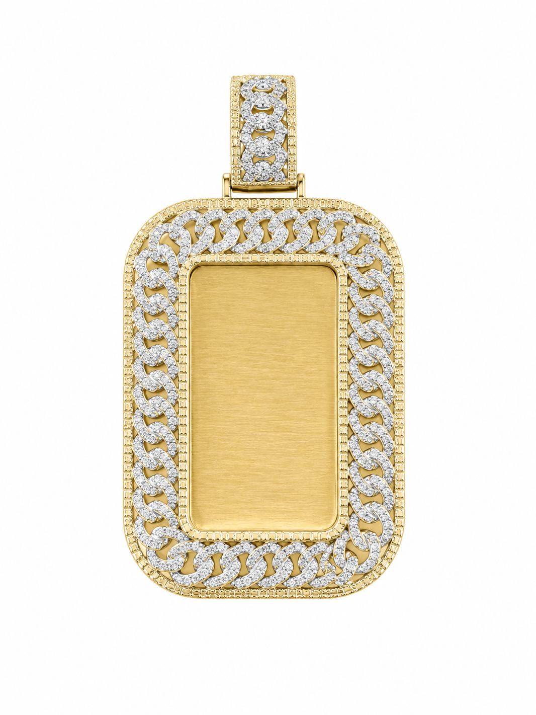 10K Two-Tone Gold Engravable Picture Pendant Rectangle Charm Cuban 0.82 ct Natural Diamond
