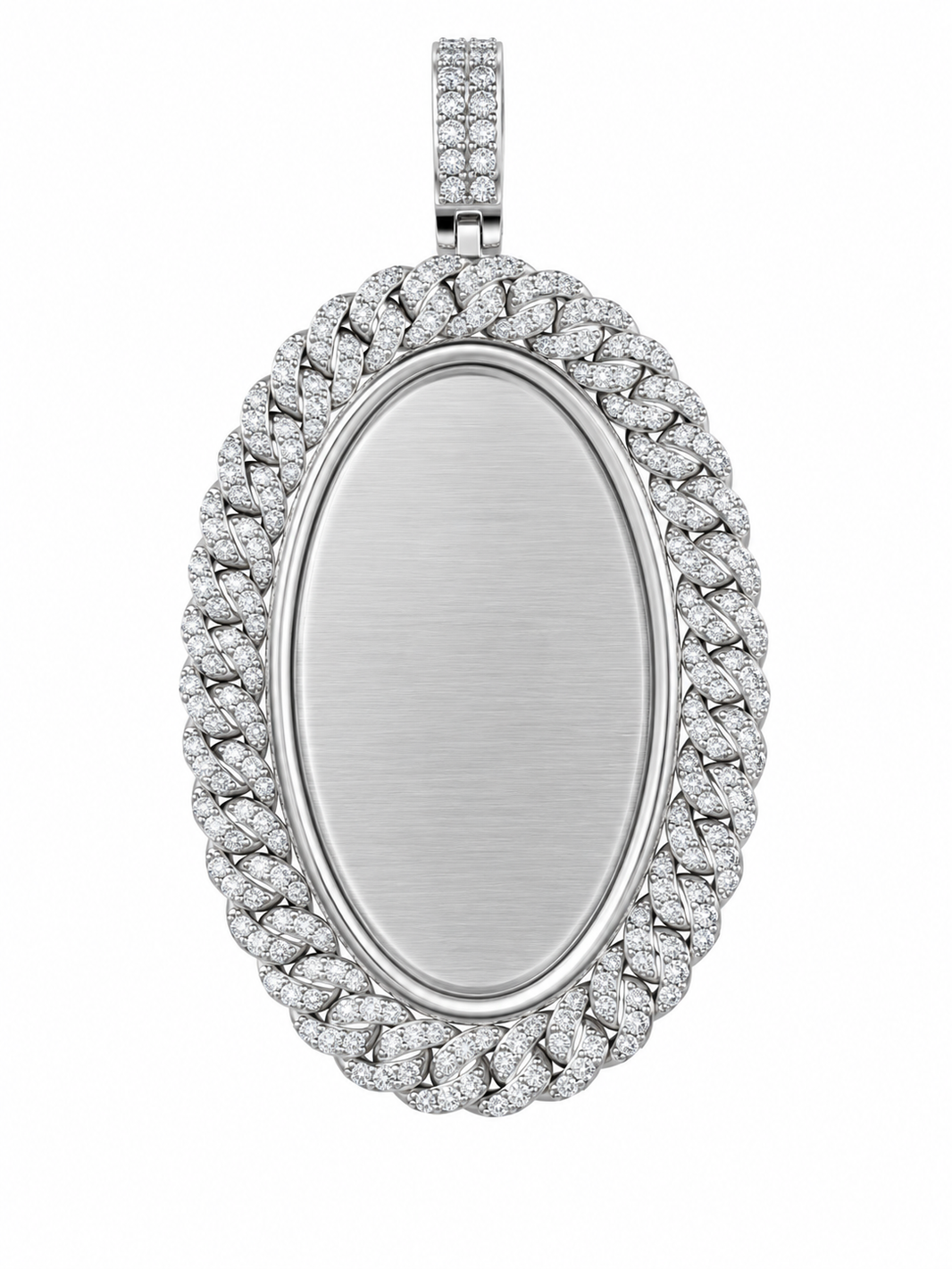 10K White Gold Engravable Picture Pendant Oval Charm Cuban 0.24 ct Natural Diamond