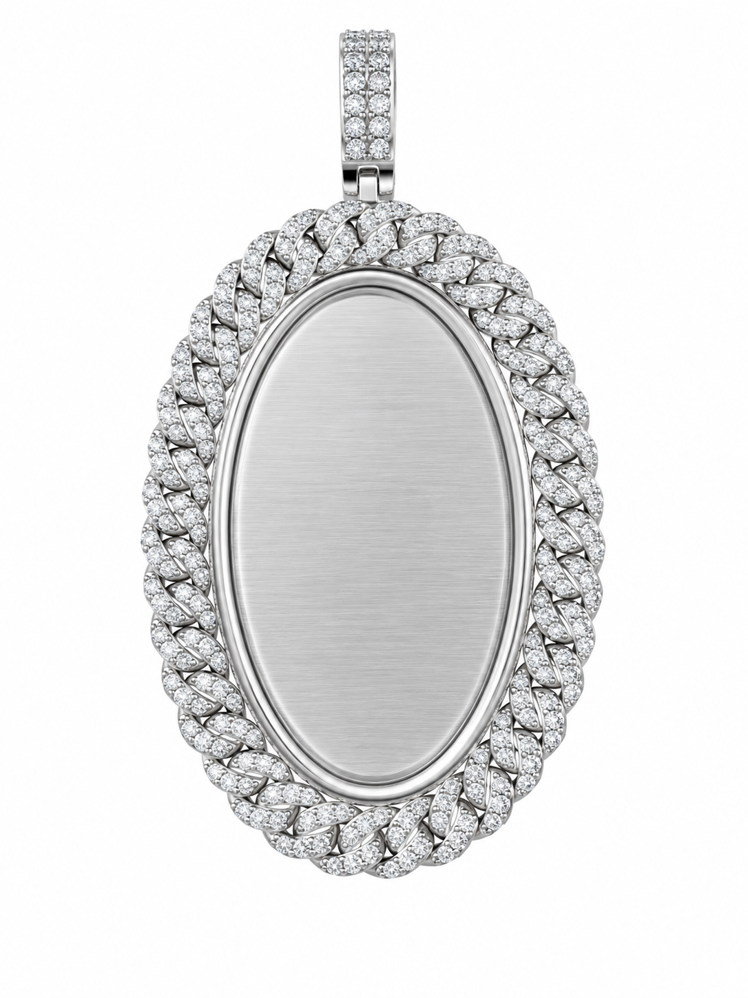 10K White Gold Engravable Picture Pendant Oval Charm Cuban 0.24 ct Natural Diamond