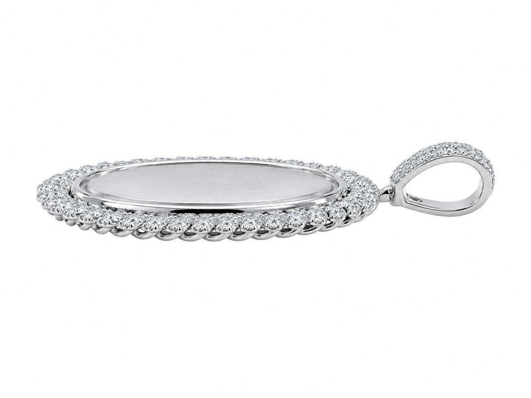 10K White Gold Engravable Picture Pendant Oval Charm Cuban 0.24 ct Natural Diamond