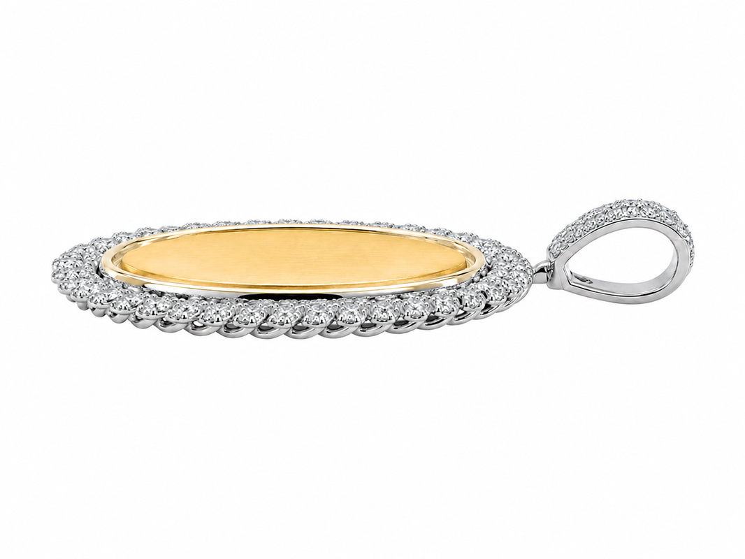 10K Two-Tone Gold Engravable Picture Pendant Oval Charm Cuban 0.24 ct Natural Diamond