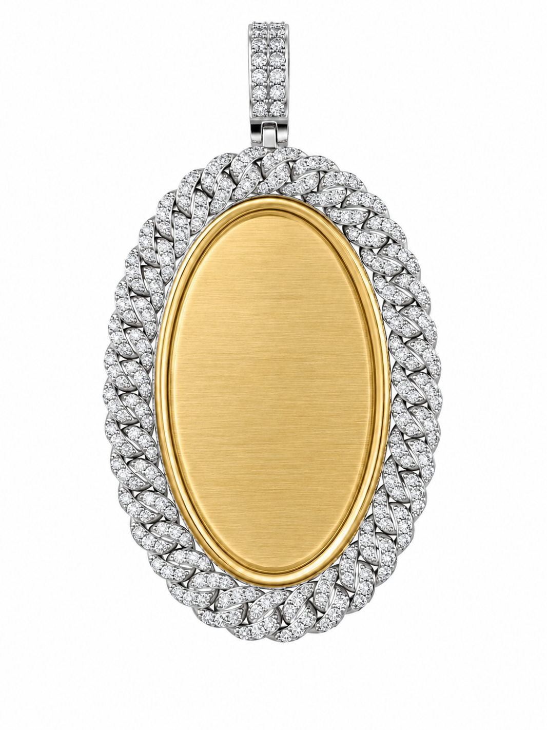 10K Two-Tone Gold Engravable Picture Pendant Oval Charm Cuban 0.24 ct Natural Diamond