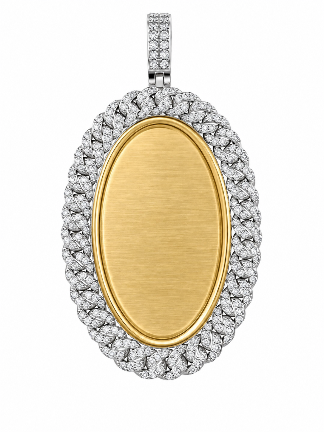 10K Two-Tone Gold Engravable Picture Pendant Oval Charm Cuban 0.24 ct Natural Diamond