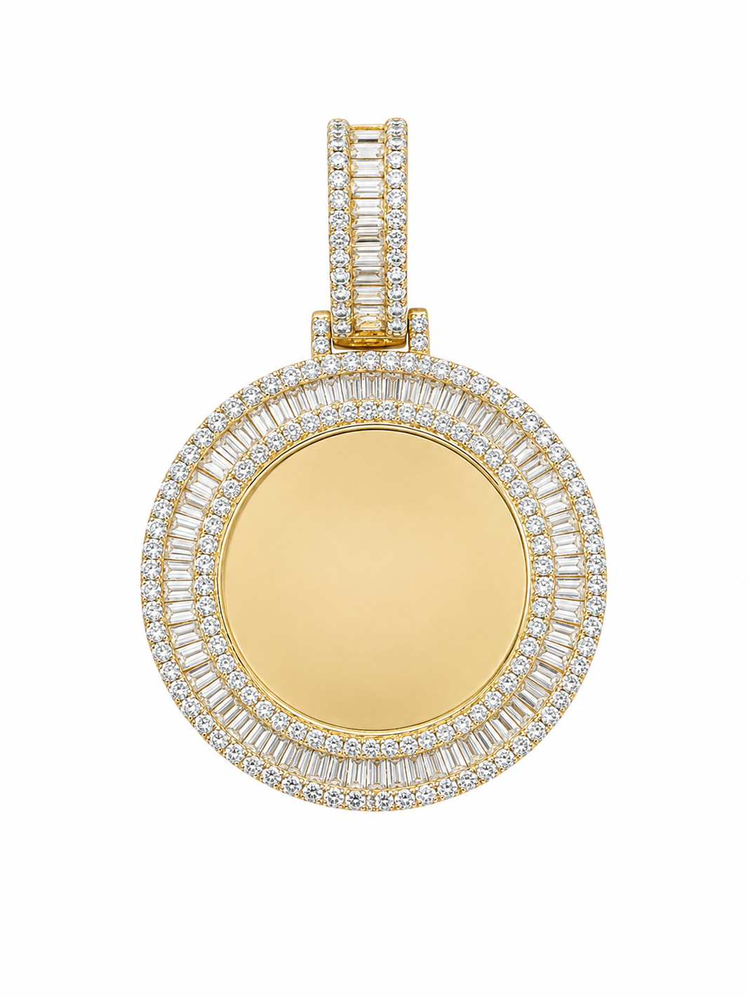 10K Yellow Gold Engravable Picture Pendant Round Charm Baguette 1.25 ct Natural Diamond