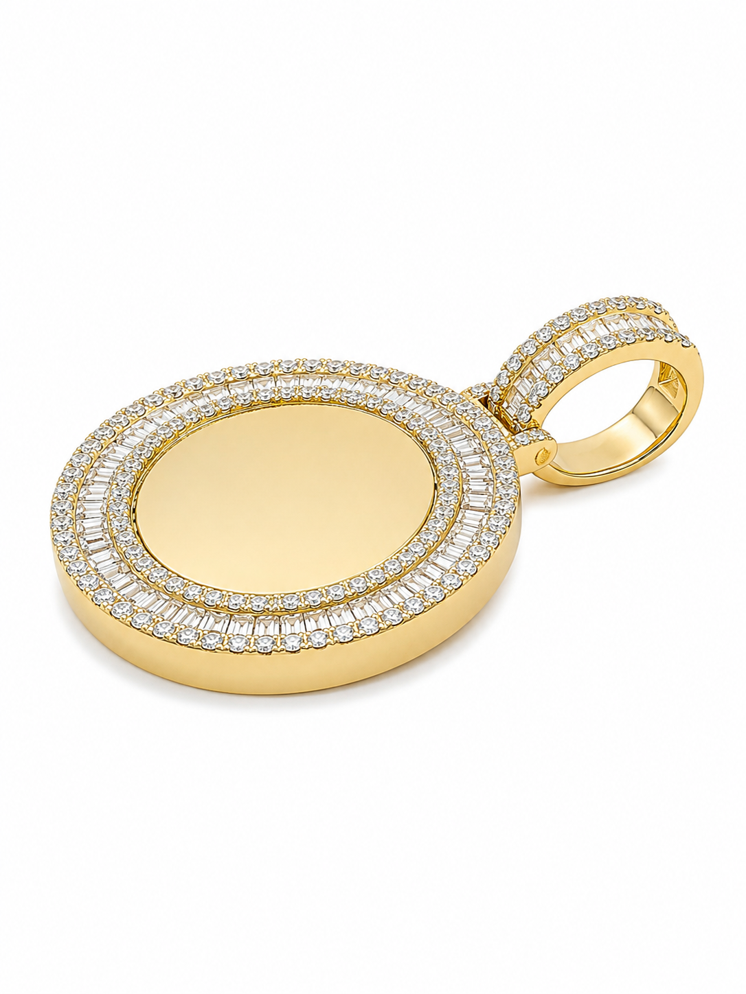 10K Yellow Gold Engravable Picture Pendant Round Charm Baguette 1.25 ct Natural Diamond