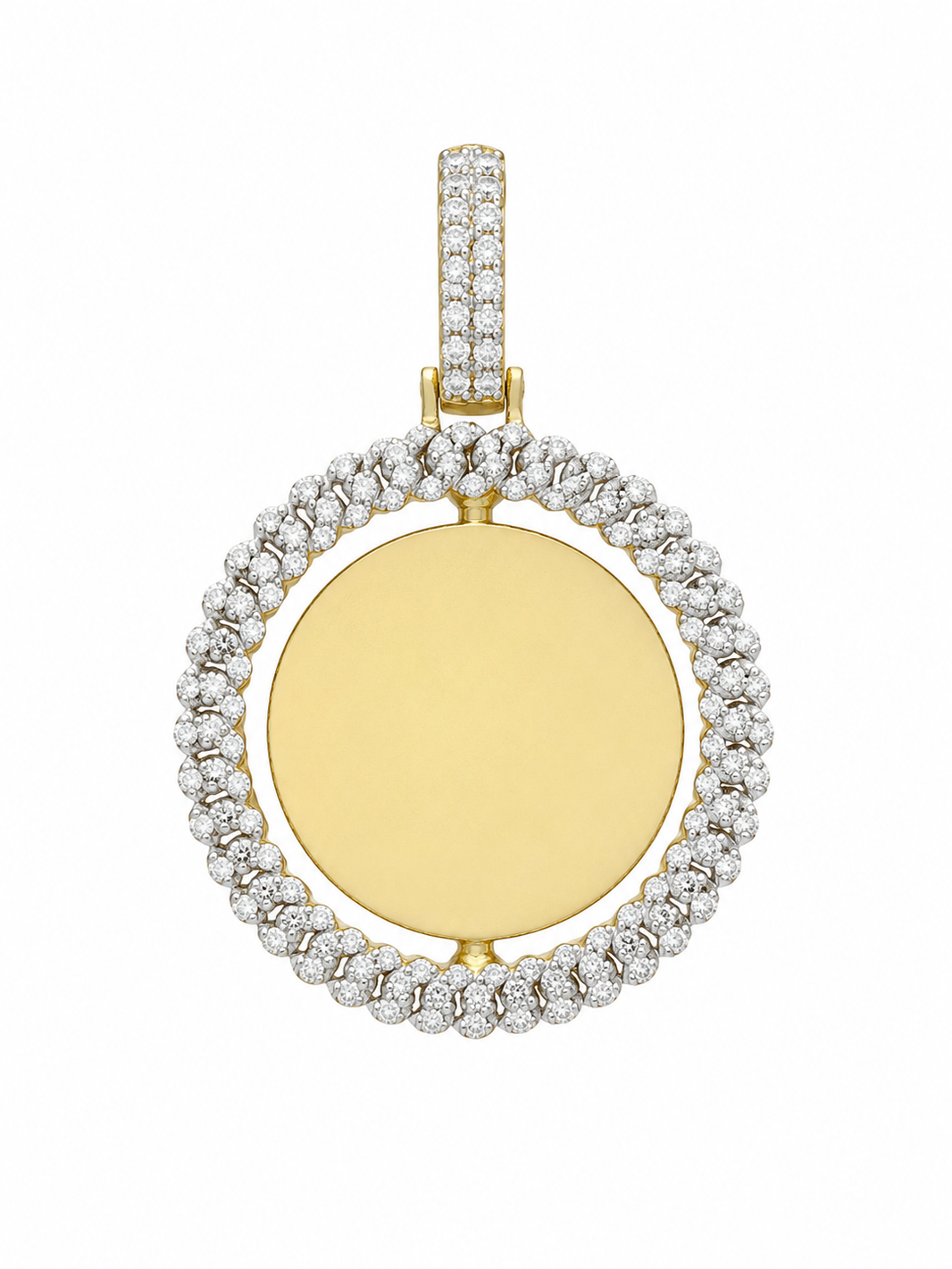 10K Two-Tone Gold 2-Sided Engravable Picture Pendant Round Charm Cuban 0.42 ct Natural Diamond