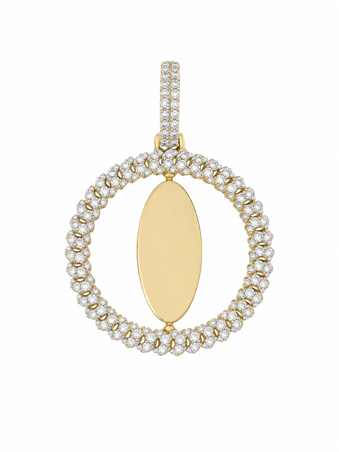 10K Two-Tone Gold 2-Sided Engravable Picture Pendant Round Charm Cuban 0.42 ct Natural Diamond