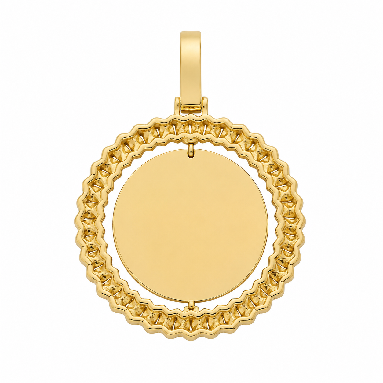 10K Two-Tone Gold 2-Sided Engravable Picture Pendant Round Charm Cuban 0.42 ct Natural Diamond