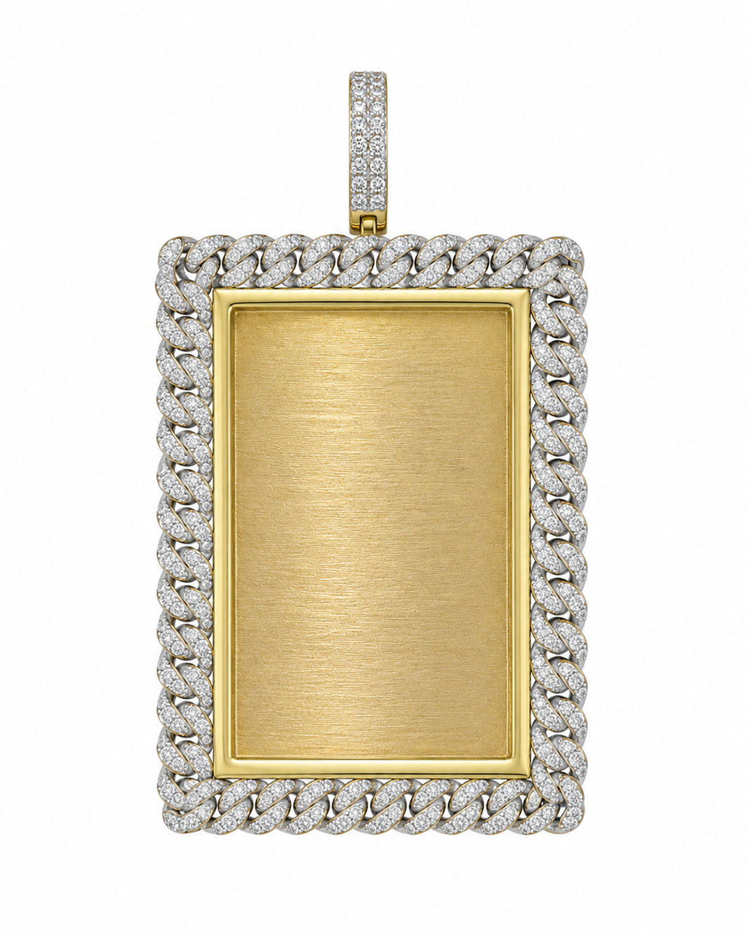 10K Two-Tone Gold Engravable Picture Pendant Rectangle Charm Cuban 0.36 ct Natural Diamond