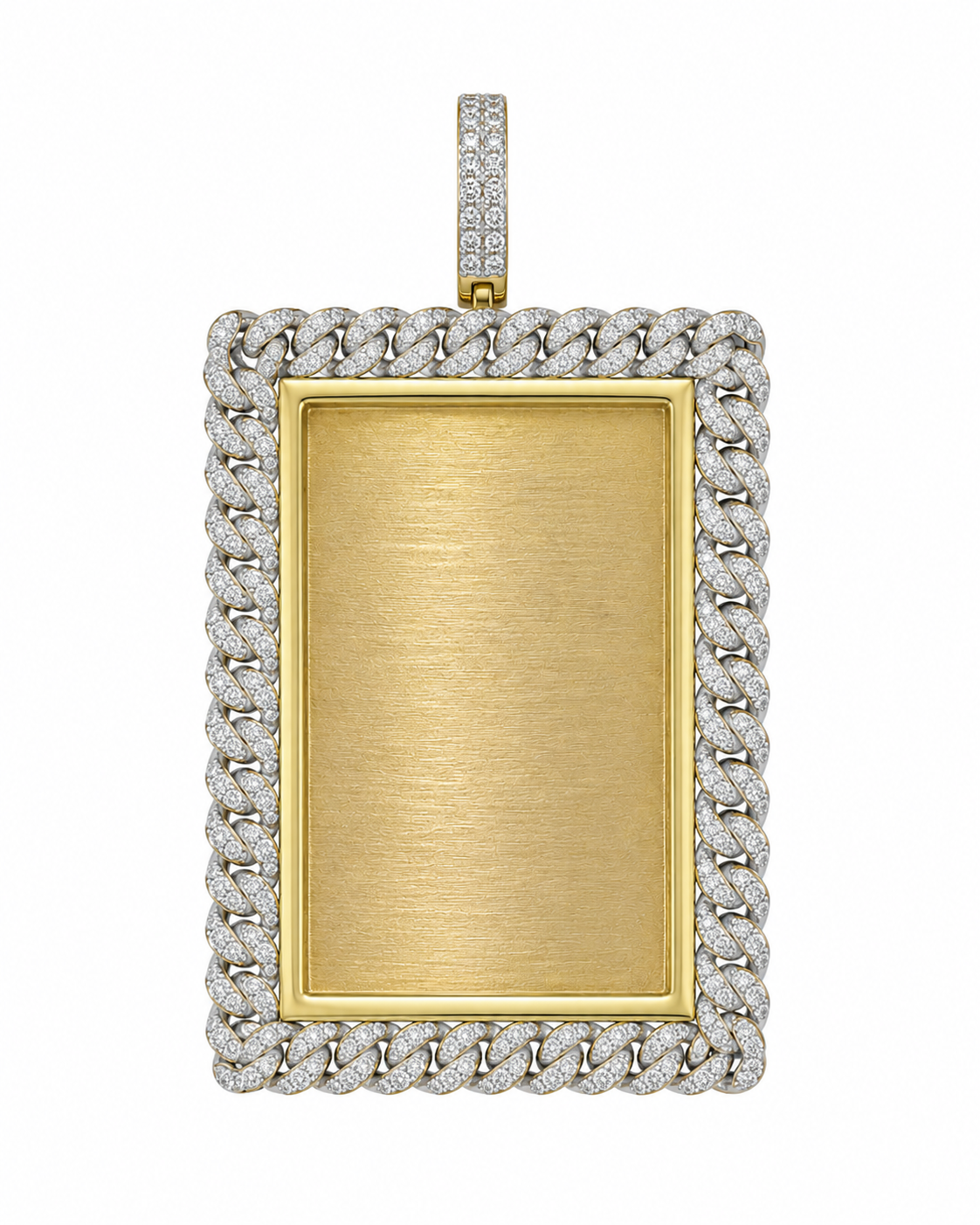 10K Two-Tone Gold Engravable Picture Pendant Rectangle Charm Cuban 0.36 ct Natural Diamond
